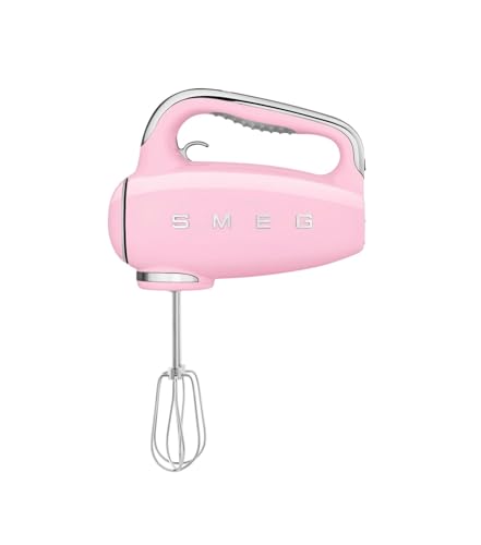 Smeg, Sbattitore Elettrico HMF01PKEU, 9 Livelli di Velocità, Funzione Turbo, Sistema di Avvio Smooth Start, 4 Fruste, 2 Ganci Impastatori e Avvolgicavo in Dotazione, 250W, Rosa