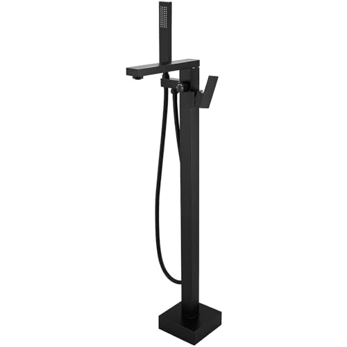 FAHKNS Grifo de bañera independiente negro mate, grifo de bañera de pie, grifo de latón de una sola manija, grifo de ducha de alto flujo con ducha de mano, superficie a prueba de óxido