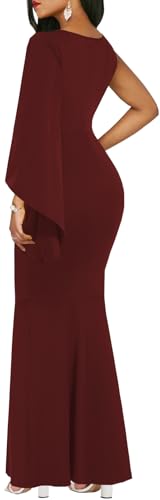 Image of Women's Elegant One Bell Sleeve Side Split Bodycon Long Formal Evening Dress