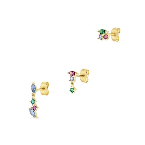 Boucles d'oreilles argent 925 KnSam dorées avec 3 paires de puces en zircon multicolore