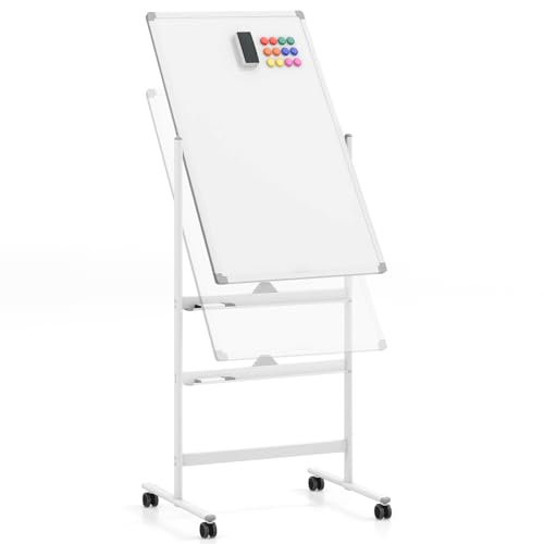 LIFEZEAL Pizarra Blanca con Soporte, 90x60cm, Pizarra Móvil con Doble Cara, Altura Ajustable 151/178 cm, Giratoria 360°, Pizarra Magnética con Ruedas Bloqueables para Oficina, Escuela, Hogar (Blanco)