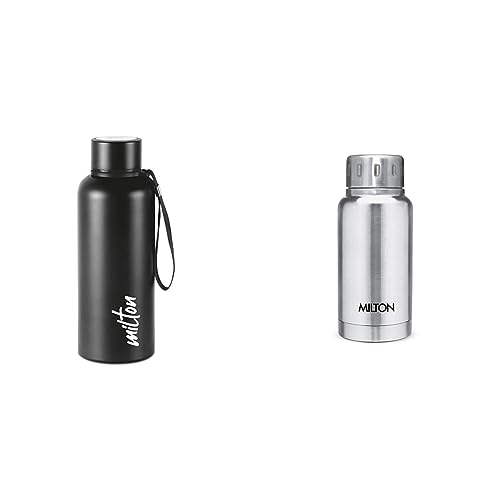 Image of Milton Aura 750 Thermosteel Bottle, 750 ml, Black & Milton Elfin 160 Thermosteel Hot and Cold Water Bottle, 160 ml, Silver