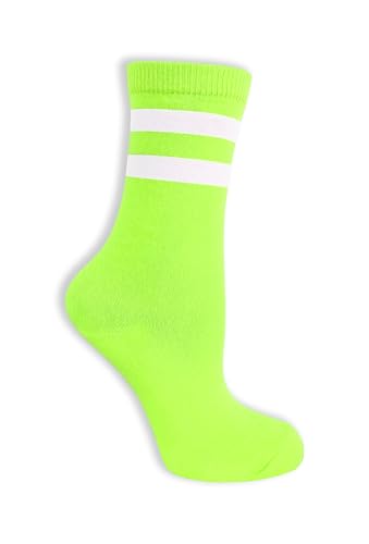Unisex Adult Size Colored Mid Calf High Sock with Two Colored Stripes (Neon Green with White Stripes)