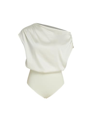 CIDER Women's French Riviera Vacation Satin Asymmetrical Neck Solid Ruched Bodysuit: Beige, Small