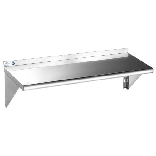 ROCKPOINT Stainless Steel Shelf 14 x 48 Inches 350lb, NSF Metal Commercial Shelves Wall Mount Floating Shelving with Backsplash for Restaurant, Kitchen, Home and Hotel, Silver