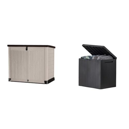 Keter 250001 Store It Out Pro Outdoor Storage Shed, 145.5 x 82 x 123cm Beige/Brown & City 30 Gallon Resin Deck Box for Patio Furniture, Pool Accessories, and Storage for Outdoor Toys, Graphite