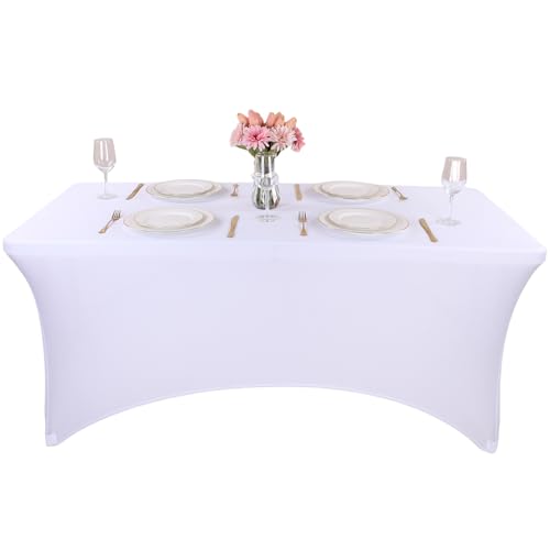 Kesfey 6FT White Spandex Table Cloth Tight Fitted Tablecloths Stretch Rectangular Washable Tablecloth Wrinkle Free Table Cover for Wedding Banquet Party (183Lx76Wx76H) cm