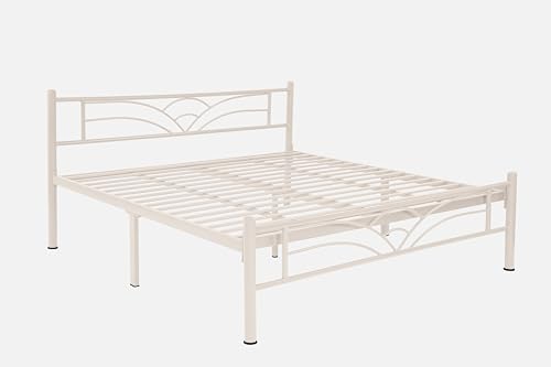 Image of Zyra Metal King Size Bed Without Storage | Wrought Iron Double Bed with Headboard & Footboard | Sturdy Powder Coated Platform Bed King Size Cot for BedroomLivingRoom Ivory (75x72)