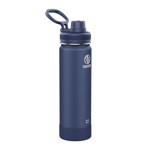 Takeya Actives Stainless Steel Water Bottle, Insulated Spout Lid, Keeps Drinks Cold 24 Hrs, Leakproof, Durable, Dishwasher Safe, Ideal for Gym, Travel, Fits Most Cup Holders, 22 oz/Midnight Blue