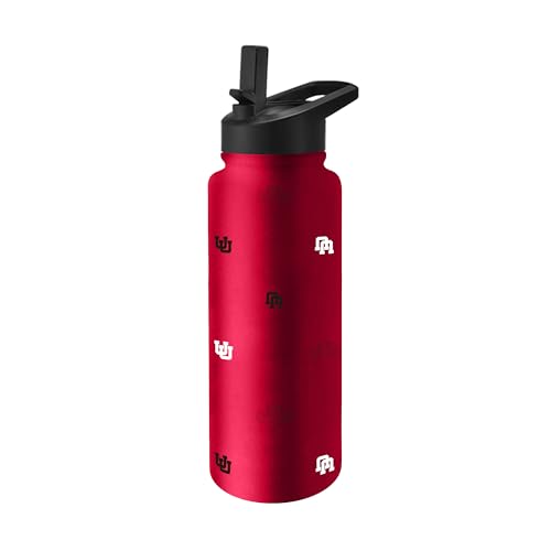 Image of Logo Brands NCAA Utah Utes Step & Repeat 34 oz Stainless Steel Quencher Bottle - All Over Logo Design, No-Spill Lid, Easy Carry Handle - Keeps Drinks Cold For Hours
