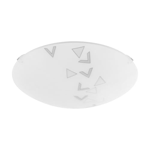 Eglo Mars plafón, aplique de 1 llama, lámpara de techo de acero, color: blanco, cristal: blanco satinado motivo triángulos, portalámparas: E27