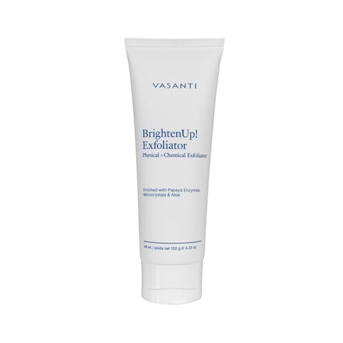 VASANTI BrightenUp! Exfoliator (120g) | Physical + Chemical Facial Exfoliator Scrub with Instant Results for Soft, Smooth and Radiant Skin | Enriched with Papaya, Microcrystals and Aloe | 99% Natural