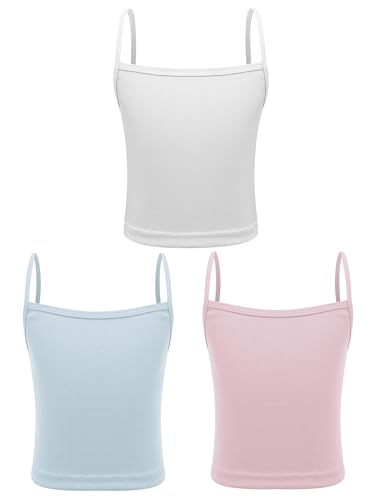 TTAO Confezione da 3 canottiere da bambina in cotone con spalline sottili, tinta unita, abbigliamento sportivo, Bianco & Azzurro & Rosa, 140/152 cm