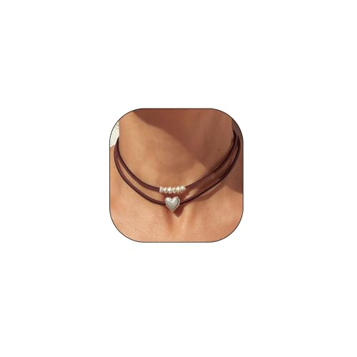 Bohemian Heart Beaded Suede Choker Necklace for Women Trendy Brown Leather Double Layered Adjustable Necklace Retro Beach Holiday Vacation Jewelry Gifts