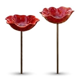 2pcs Handmade flower garden ornaments with bird bathing basins and colorful petal bee drinking stations; outdoor patio decorations; brightly colored garden art pieces