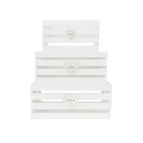 VIRSUS Set 3 Cassette in Legno Impilabili con cuore, misure 21x11x11cm, 26x17x12,5cm, 31x23x15cm, Cestini Portaoggetti con Maniglie, Scatola organizer per camera, cucina -4169F (Bianco)