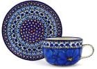 Polmedia Polish Pottery Cup with Saucer UNIKAT - Cobalt Poppies Pattern Handmade in Boleslawiec Poland by Ceramika Artystyczna + Certificate of Authenticity