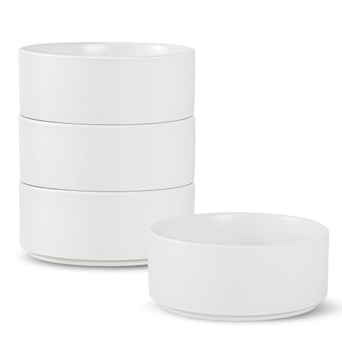 Ruxmirae Stoneware Cereal and Soup Bowls Set of 4, 6 Inch Matte Glaze Ceramic Bowls for Breakfast & Oatmeal, Microwave and Dishwasher Safe, Matte White