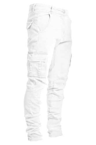 Men's Casual Skinny Cargo Pants White Straight Slim Fit Cargo Jeans Pants,857 White,Size 32