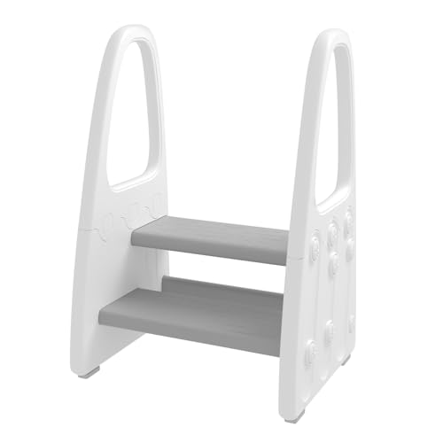 Image of Toddler Step Stool for Bathroom Sink, Kids Two Step Stool for Toilet Potty Training and Kitchen Counter, Children Step Up Learning Helper Tower with Safety Handles and Non-Slip Pads,Gray
