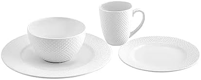 Karaca Punto Embossed Bone China Dinnerware Set for 4, 16 Piece, Plates And Bowls Set, Crockery Set, White