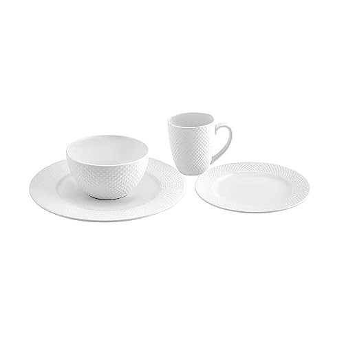 Karaca Punto Embossed Bone China Dinnerware Set for 4, 16 Piece, Plates And Bowls Set, Crockery Set, White