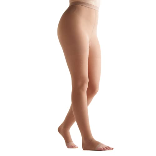 Image of EvoNation Women's Sheer Compression Support Pantyhose 20-30 mmHg Open Toe | Sheer nylon-spandex fabric with double-plush waistband, wide toe box, reinforced heel and open toe for all-day comfort
