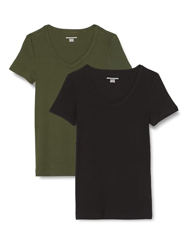 Amazon Essentials Damen Basic V-Ausschnitt T-Shirt mit Kurzen Ärmeln, Schmale Passform, 2er-Pack, Dunkles Olivgrün/Schwarz, L