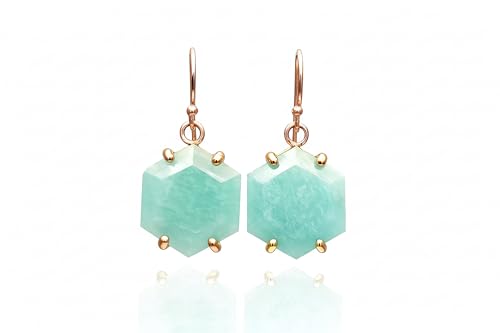 Boucles d'oreilles amazonite hexagone suspendues pierre bleue - 7