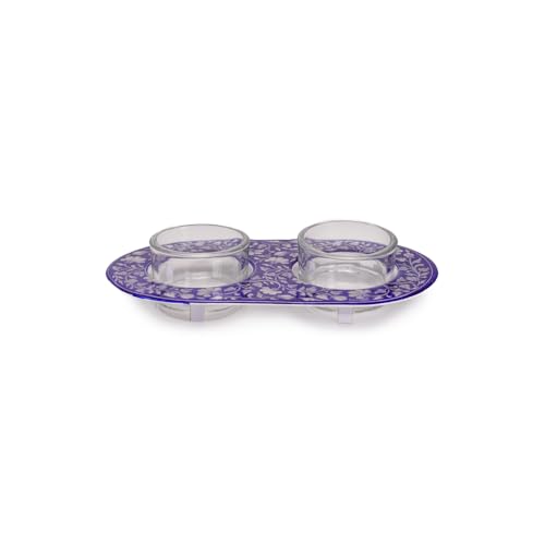 Yair Emanuel Shabbat Candle Holders for Tea Light Candles – Vibrant Decorative Metal Base with Glass Cups – Modern Judaica Gift (Blue Armenian Tile - Cal-6)