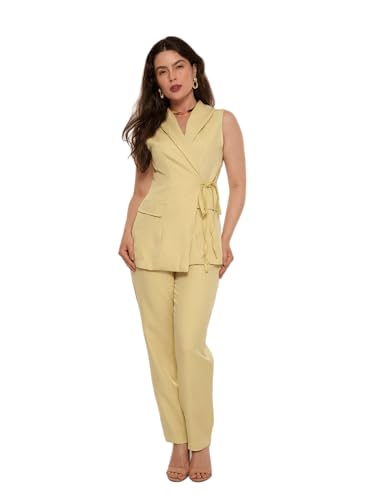Conjunto Alfaiataria Feminino com Colete e Calça, Estilo Blazer sem Mangas com Amarração hz-con-0021 (BR, Alfa, G, Regular, Regular, Amarelo)