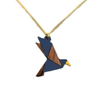 Sastree Colgante Pájaro de Madera Azul | Edición Limitada Sas365 (Solo 365 Unidades) | Madera Sostenible | Joyería Artesanal y Ecológica | Detalle Pájaros y Animales | Acero Inoxidable Oro | Collar