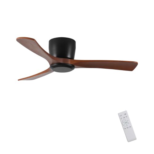 Wood Ceiling Fan No Light Flush Mount,42 In Low Profile Ceiling Fan without light,6-Speed Noiseless DC Motor Reversible,Timer,Remote Control for Bedroom Living Room Outdoor Patio Porch,ETL Listed