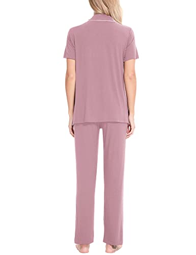 Image of SWOMOG Women Pajama Sets Two-Piece Nightwear Short Sleeve Sleepwear Button Down Pj Lounge Sets with Long Pants
