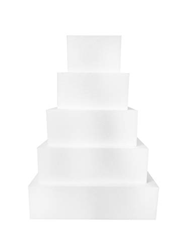 Shape Innovation - Square 4" Cake Dummy set - Set Of 5, Each 4" High By 6", 8", 10", 12", 14" Square - Perfect for wedding cakes, birthday cakes, display cakes, window displays, parties