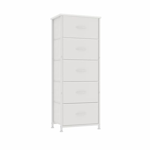 CAIYUN Cómoda Estrecha, Armario de Cajones, Armario de Almacenamiento con 5 Cajones de Tela, Alto y Estrecho, Mueble de Aparador de Madera para Dormitorio/Salón/Pasillo/Habitación Infantil, Blanco