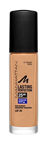 Manhattan Lasting Perfection 25 Stunden Make up, Creamy Beige 61, feuchtigkeitsspendende Foundation, langanhaltend, hohe Deckkraft, für einen makellosen Teint, 30 ml