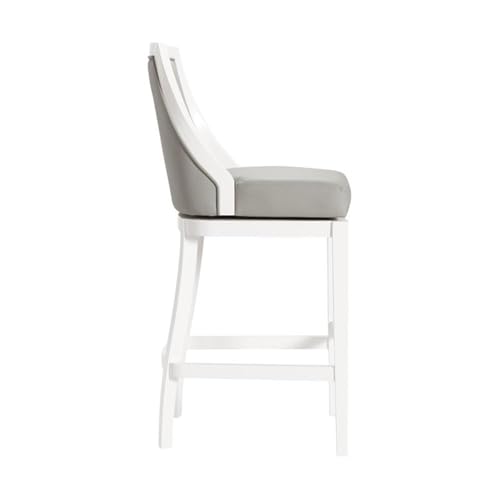 Image of Ellie Bar Height Stool with Backrest - Light Gray Upholstered Seat, White Rubberwood Frame, 360 Memory Return Swivel, and Metal Kick Plate - Modern Kitchen & Home Bar Seating by Alaterre Furniture