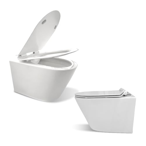 BAÑO MODERNO Inodoro Completo Suspendido - WC Inodoro Completo con Sistema Rimless Antibacterias - Vater Baño con Tapa Dura Extrafina Amortiguada - Inodoro Salida Dual - WC para Hogar Blanco