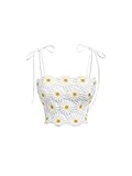 WDIRARA Women's Boho Daisy Floral Guipure Crop Top 3D Flower Tie Shoulder Square Neck Cute Cami Top White Small