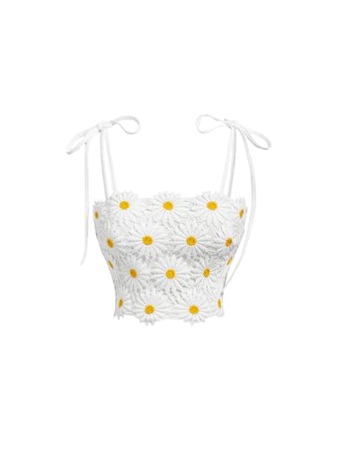 WDIRARA Women's Boho Daisy Floral Guipure Crop Top 3D Flower Tie Shoulder Square Neck Cute Cami Top