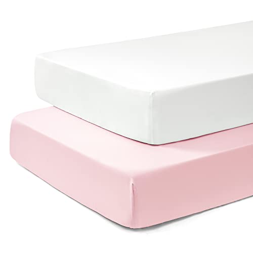 Image of TILLYOU Fitted Crib Sheet Set 2 Pack - Super Soft Toddler Bed Sheets for Standard Crib and Toddler Mattresses, 28"x52"x8",Light Pink & White