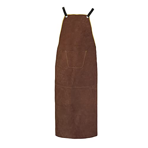 Olson Deepak Leather Welding Work Apron - Heat Resistant & Flame Resistant Bib Apron, Flame Retardant Heavy Duty Bbq Apron, Adjustable One Size Fit Most - 31" X 45"Brown #TOP2
