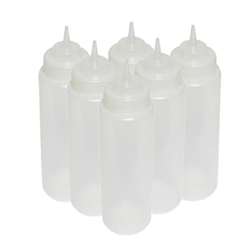 TrueCraftware Set mit 6 Quetschflaschen mit breiter Öffnung, 680 ml, transparent, Kunststoff-Quetschflasche für Saucen, Aufstriche, Ketchup, Senf, Mayo, heiße Saucen und Olivenöl
