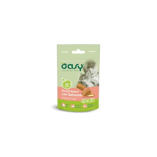 Oasy Snack Gatto, oasy biscotti ripieni di mousse per gatti adulti di tutte le taglie gusto Salmone | 3 confezioni da 60 grammi l’una.