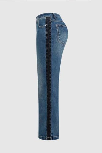 Huang's Women's High-Rise Wide Leg Jeans with Side Stripe, Medium Wash Denim, Black Stripe Detail2