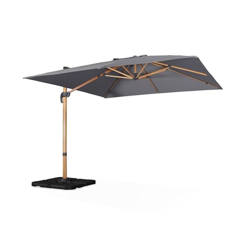 sweeek - Parasol déporté carré gris 3x3m structure effet bois + Lot de 4 dalles à lester 50x50cm