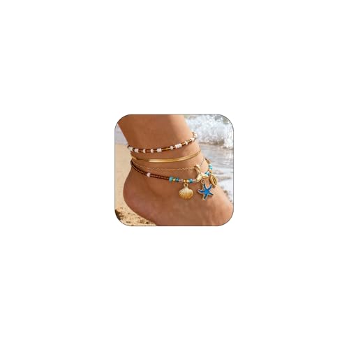 Image of Anklets for Women Fancy, Stylish Payal for Woman, Layered Shell and Starfish Pearl Beaded Anklet Set, Adjustable Beach Jewellery for Girls, Boho Accessories for Summer Festivals
