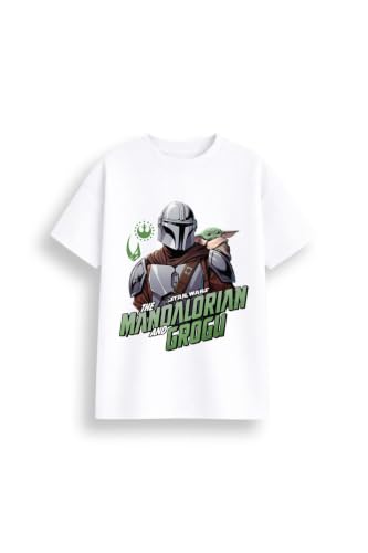 Image of Boys The Mandalorian and Grogu T-Shirt | Official Star Wars Mando & Baby Yoda Graphic Tee | Kids Short Sleeve Cotton Top White