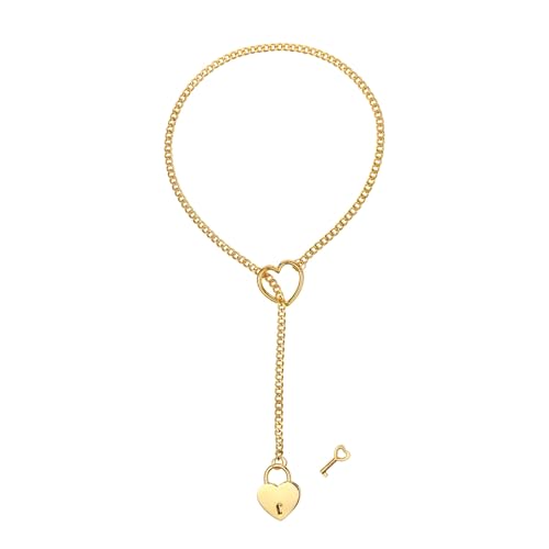 JewelryWe Collier Femme en Forme de Y : Chaîne Cubaine Cadenas Cœur et Clé en Acier Inoxydable – Pendentif Romantique et Ajustable, Bijou Élégant Punk...